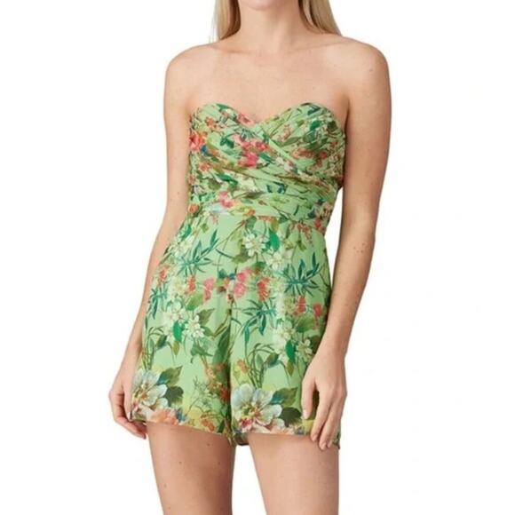 Jay Godfrey Floral Strapless Romper Green - Picture 1 of 5
